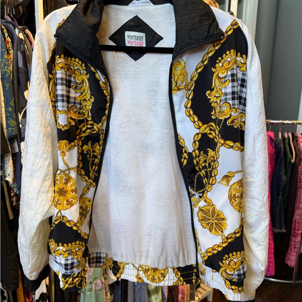 White & Black Baroque-Print Bomber Jacket